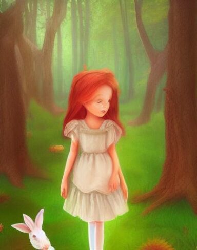 The painting of a girl standing in a forest