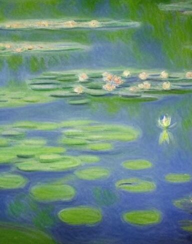 The painting of water lilies in a pond of water
