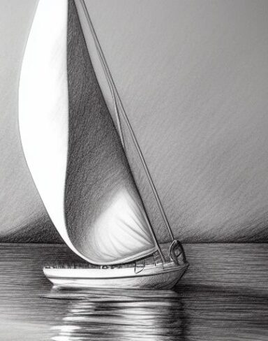 The pencil drawing of a sailboat in the water