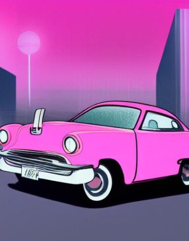 The pink car driving dalong a street at night