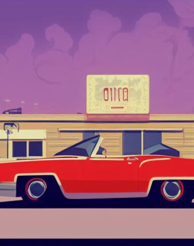 The retro car is parked in front of a restaurant