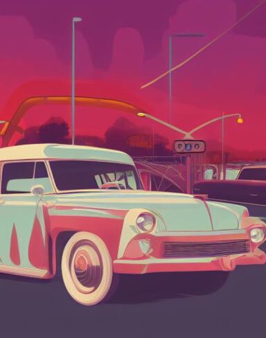 The retro car is parked in front of a restaurant