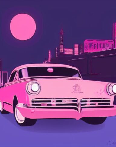 The retro pink car driving down a street at night