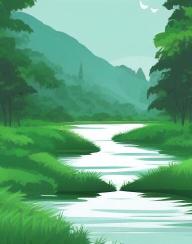 The river running through the lush green forest
