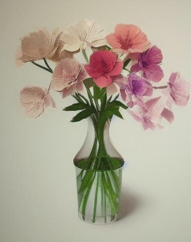 The vase filled with paper flowers inside