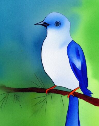 The watercolor painting of the blue bird sitting on a branch inspired by Paul Bird