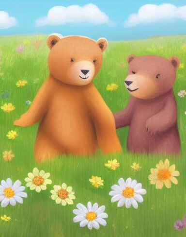 Two bears in a field of flowers