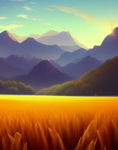 With dim sunlight a painting of a corn field with mountains in the background