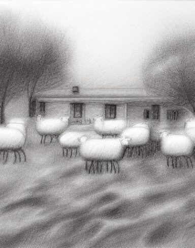 A black and white drawing of sheep and some trees with a house