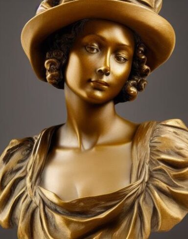 A bronze bust of beautiful woman with a hat