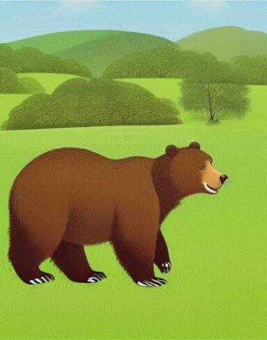 A brown bear in the lush green field