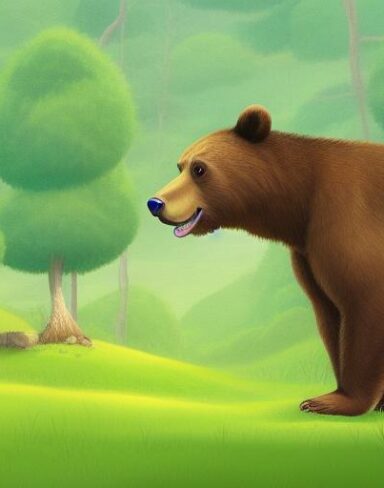 A brown bear in the lush green field