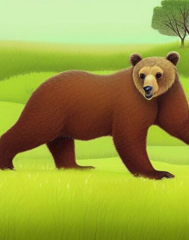 A brown bear on the lush green field