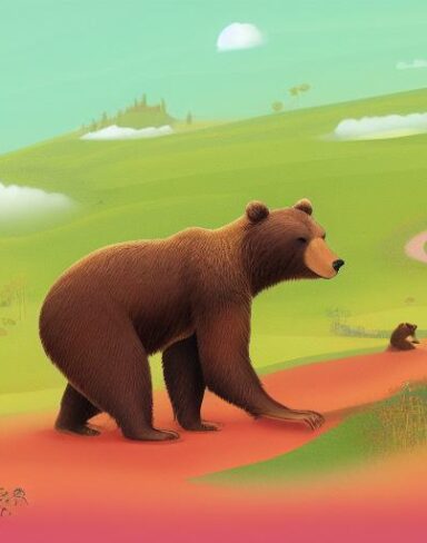 A brown bear on the lush green field