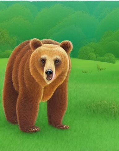 A brown bear on the lush green field