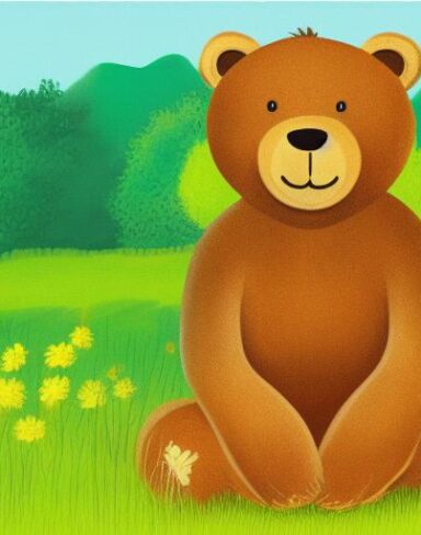 A brown bear sitting on the lush green field