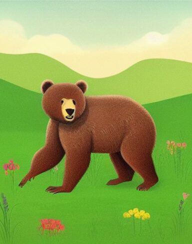 A brown bear sitting on the lush green field