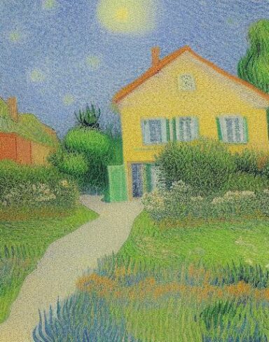 A color painting of the house in a garden