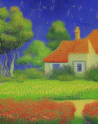 A color painting of the house in a garden