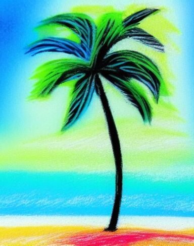 A color painting of the palm tree on a beach