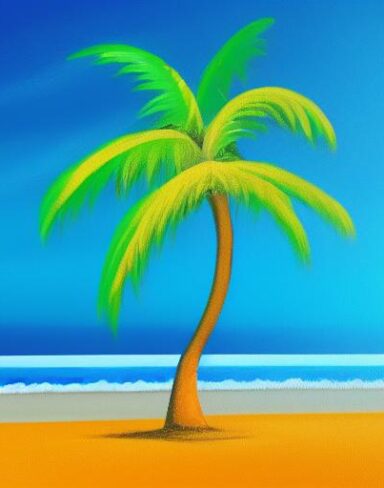 A color painting of the palm tree on a beach