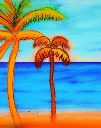 A color painting of the palm tree on a beach