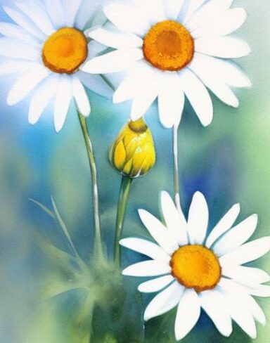 A color painting of white daisies