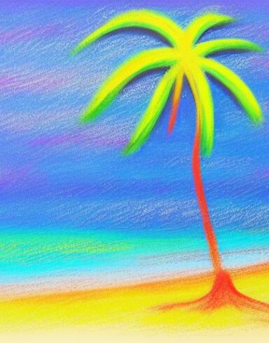 A crayon painting of a palm tree on a beach