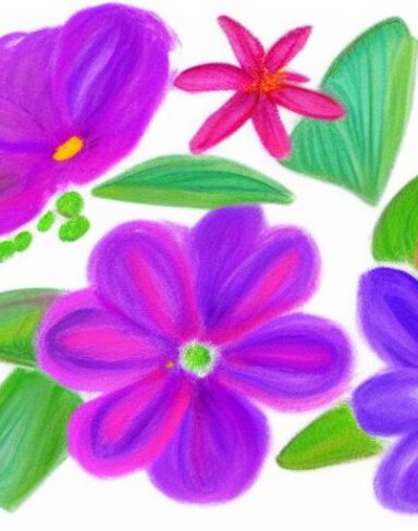 A crayon painting of purple flowers on a white background
