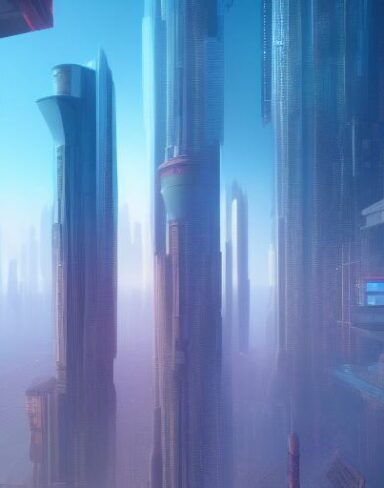 A digital city filled with lots of tall buildings and citizens