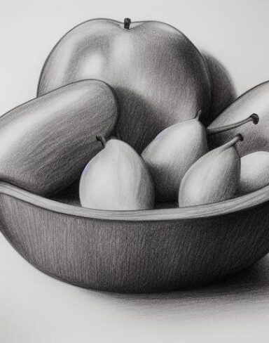 A drawing of a fruit bowl on a table