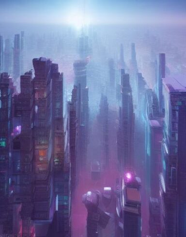 A futuristic city filled with lots of tall buildings and citizens