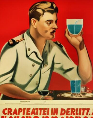 A man holding a cup of water in front of a plate of dessert