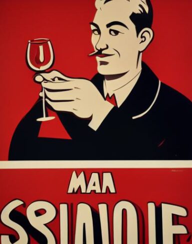 A man holding a wine glass in front of a bowl of soup