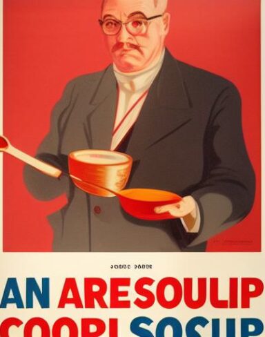 A man holding the spoon in front of a bowl of soup