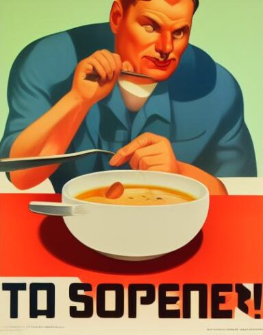 A man holding the spoon in front of a bowl of soup