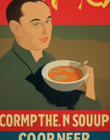 A man in front of a bowl of soup