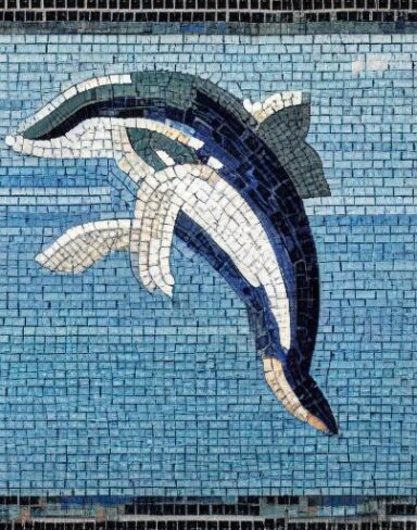 A mosaic of a dolphin in the costal inspired by Charles Ginner