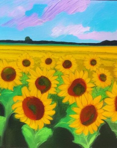 A oil painting of sunflowers in the field