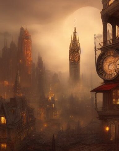 A painting of a city with a clock tower