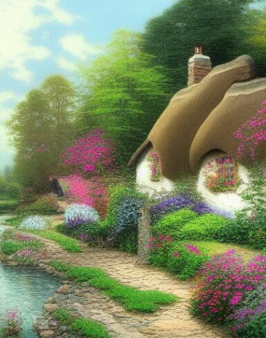 A painting of a cottage by a river with flowers