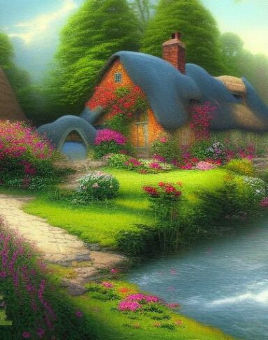 A painting of a cottage by a river with flowers