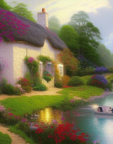 A painting of a cottage by a river with vivid flowers