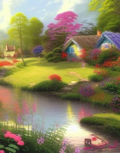 A painting of a cottage by a river with vivid flowers