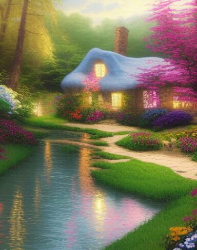 A painting of a cottage by a river with vivid flowers