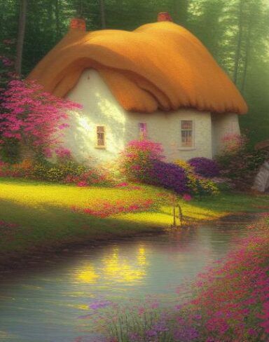 A painting of a cottage by a river with vivid flowers