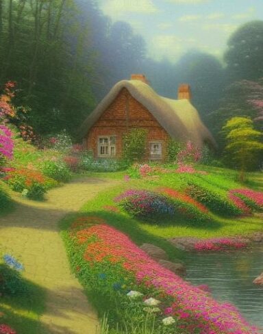 A painting of a cottage near a river with many flowers