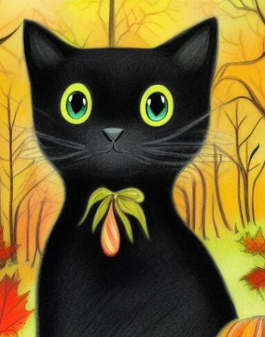A painting of a creepy happy black cat in the autumn forest