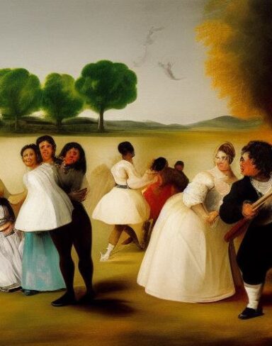 A painting of a group of couples having fun on the green land by Francisco de Holanda
