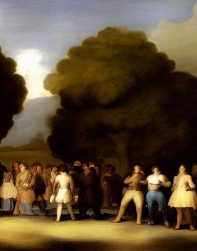 A painting of a group of people in a field with trees by Francisco de Holanda